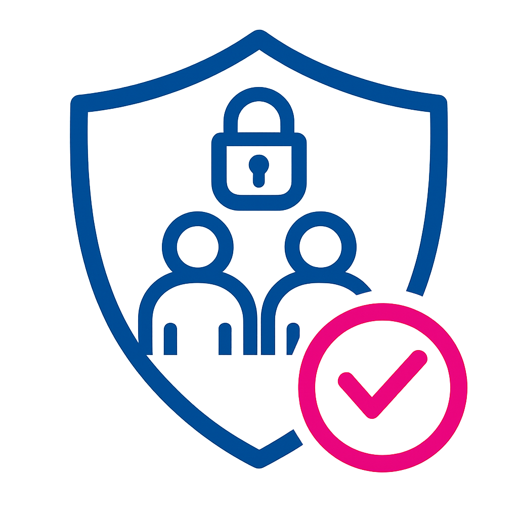 Bouclier avec cadenas, deux collègues et coche : confiance et sécurité, accès réservé aux employés Foyer